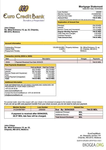 Modèle Word et PDF de relevé hypothécaire de Moldavie EuroCreditBank